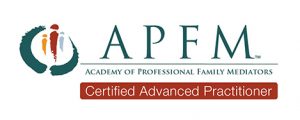 Text: Academy of Professional Family Mediators, abbreviated as APFM. Below the name of the organization the text reads: certified advanced practitioner. On the left of the text is the logo for the APFM.
