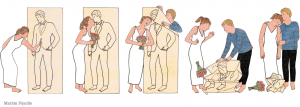 A series of images showing a woman in a wedding dress drawing a groom on paper, kissing him while holding a bouquet. Then a man appears from behind the image and begins crushing it. The man appears angry and the woman has a shocked expression. Finally, the man and the woman kiss each other while the woman looks down at the image of her "perfect man" crumpled on the ground.
