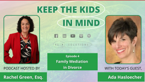 Text: Keep the Kids in Mind, Episode 4: Family Mediation in Divorce. Podcast hosted by Rachel Green, Esq. (pictured in a red blazer), with today's guest, Ada Hasloecher (pictured smiling against a tan backdrop.) Podcast available: Facebook, LinkedIn, YouTube, Apple Podcasts, and Spotify (icons displayed).
